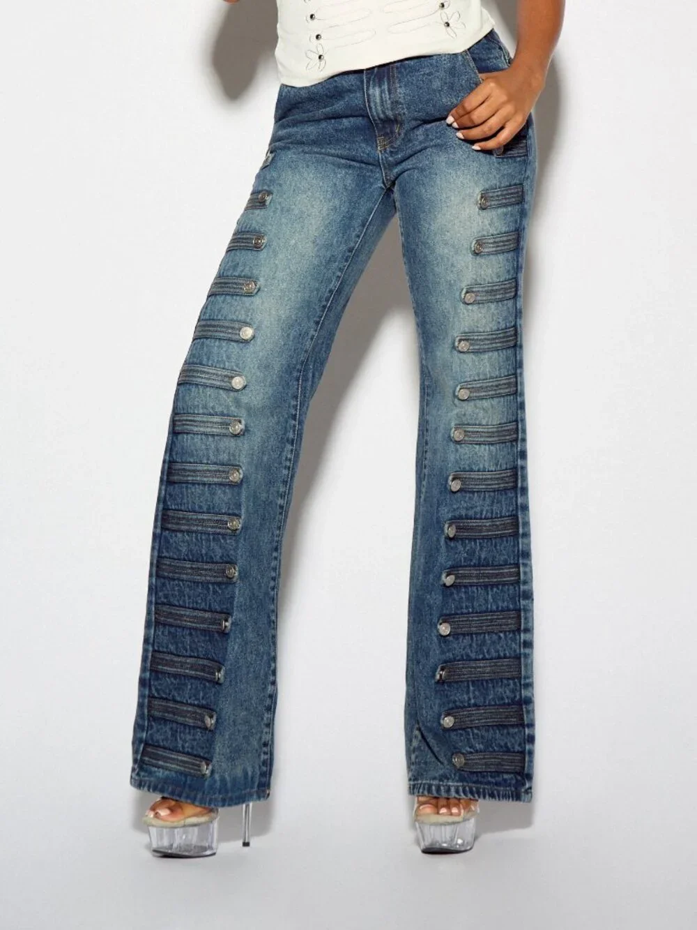 Blue Casual Women's Wide Flared Denim Jeans With Side Button Detail